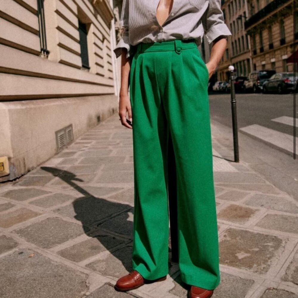 Sezane Loulou Trousers 42 US 10 Green High Rise Wide Leg Work Office Wedding